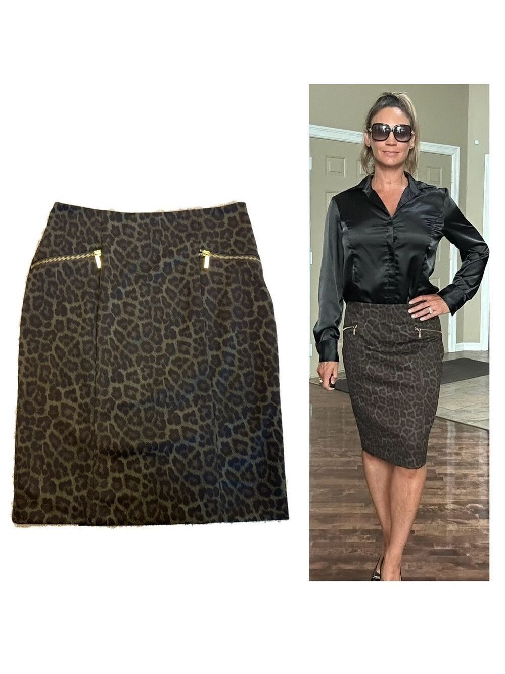 Michael Michael Kors khaki green black leopard cheetah animal print pencil skirt
